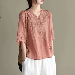 2023 Summer Fashion Large Women's Clothing New Vintage Embroidery Cotton Linen Loose V-neck Middle Sleeve Shirt Pullover Tops