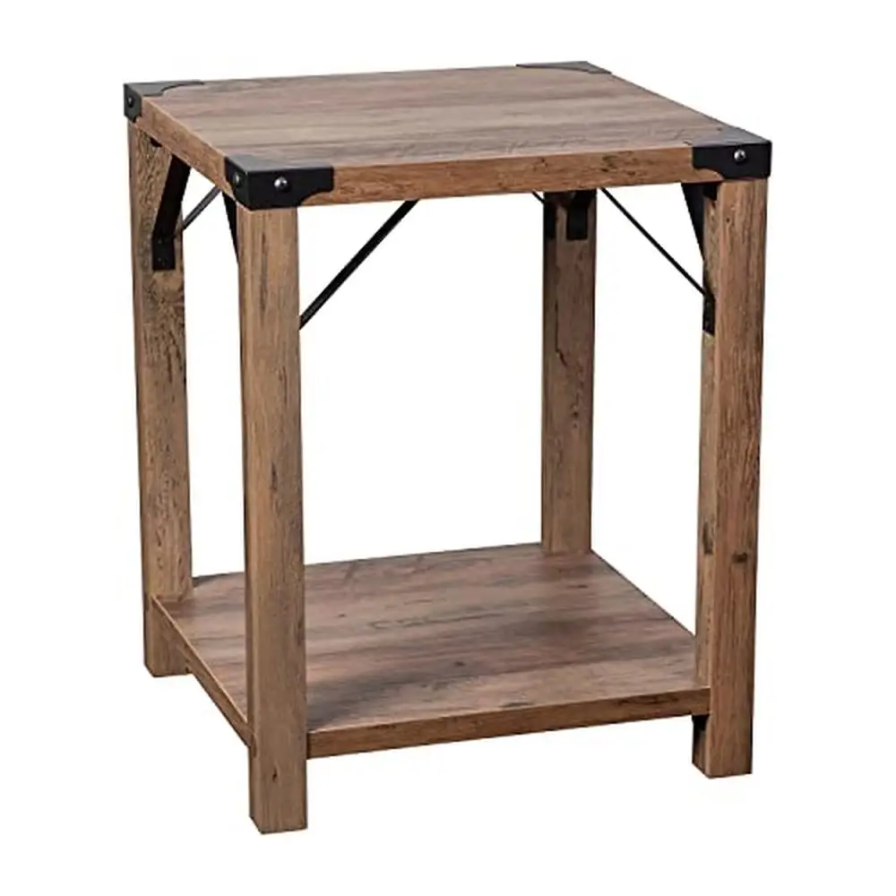 

Rustic Oak 2 Tier Side Table Metal Frame Farmhouse Style Storage Shelf 75 lbs Capacity