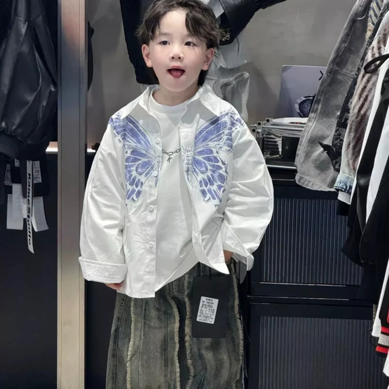 

2025 New Autumn Handsome Light Blue Design Butterfly Printed Cotton Shirt for Children