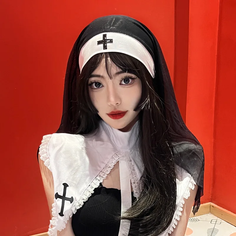 할로윈 크로스 고딕 수녀 모자 여성 레이스 머리 스카프 숄 베일 어두운 머리 장식 모자 의상 액세서리