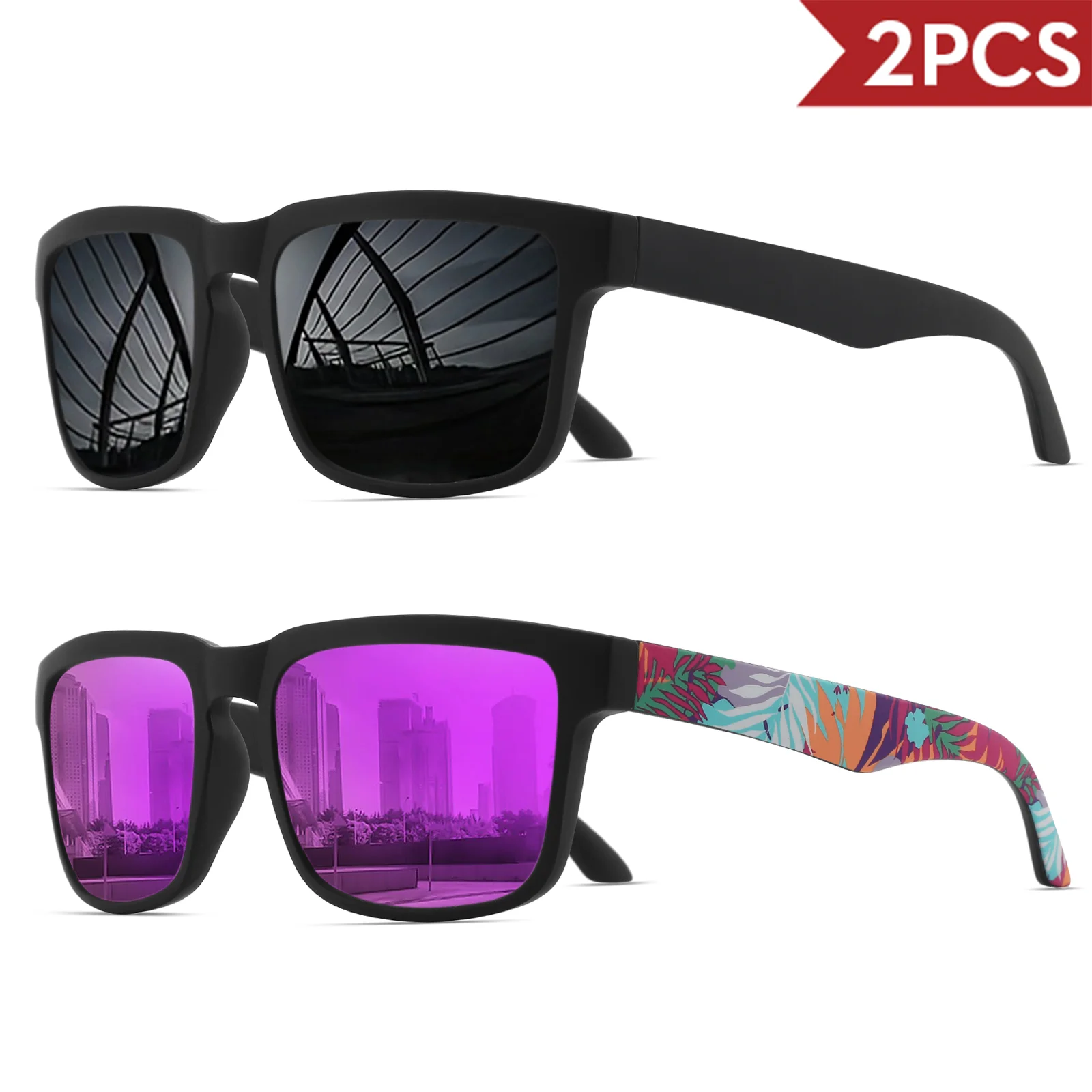 2 quadratische Sport-Sonnenbrille mit Designer-Tempelmuster – UV400 für Männer und Frauen, Strandurlaub