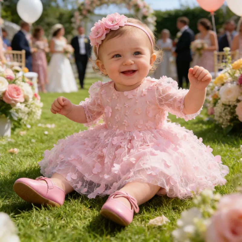 

White Baby Girl Bowknot Dress With Headwear Baptism Dresses Infant Toddler Flower Girls Tulle Gown Wedding 1st Birthday Party