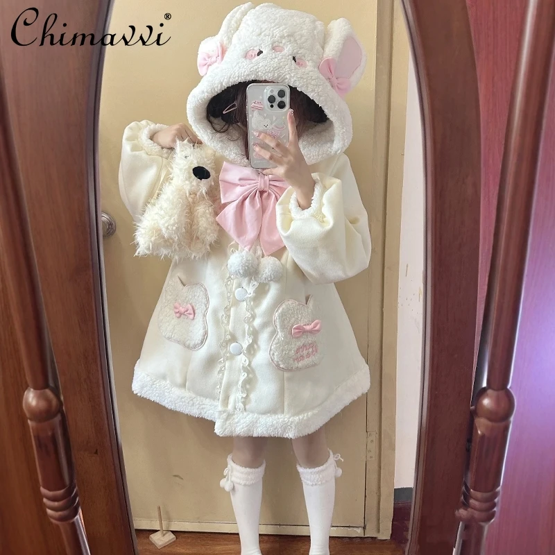 Lolita Style Winter Velvet Warm Coat Cute Rabbit Ears Loose Long Sleeves Sweet Girl Womens Mid-length Kawaii Hooded Jackets