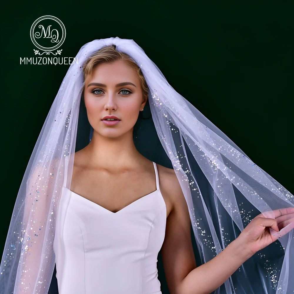 MMQ velo de novia de lentejuelas de una sola capa blanco suave tul vals accesorio de boda velo de novia catedra boda M01