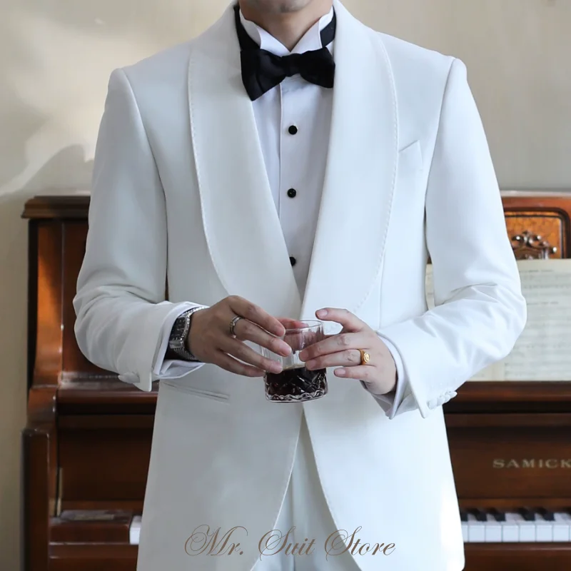 

White Suit Men Classic Fit 2-piece Shawl Collar One Button Groom's Wedding Dress Tux Clothes Prom Suits Men Party Banquet Casual