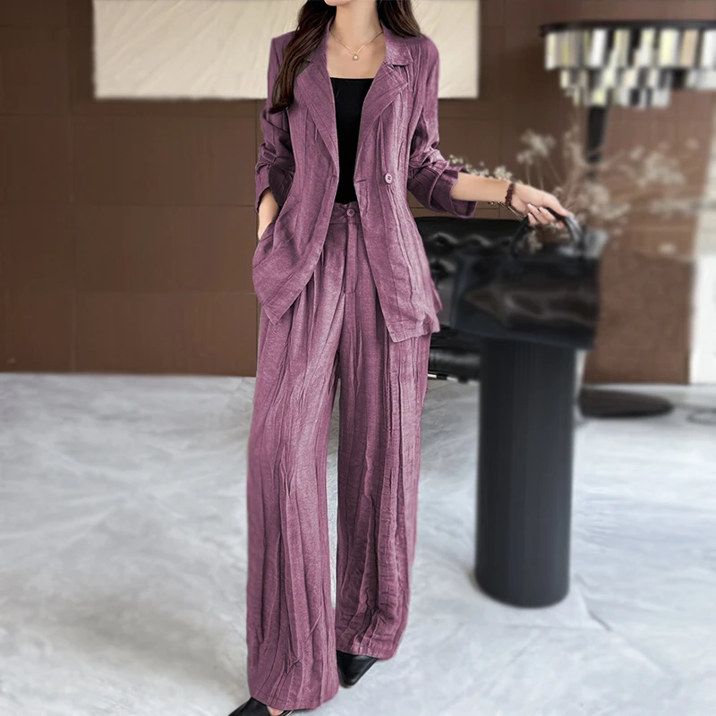 

SuperAen Pleated Design Long-sleeved Suit Jacket Summer New Casual Long Wide-leg Pants Two Pieces Sets