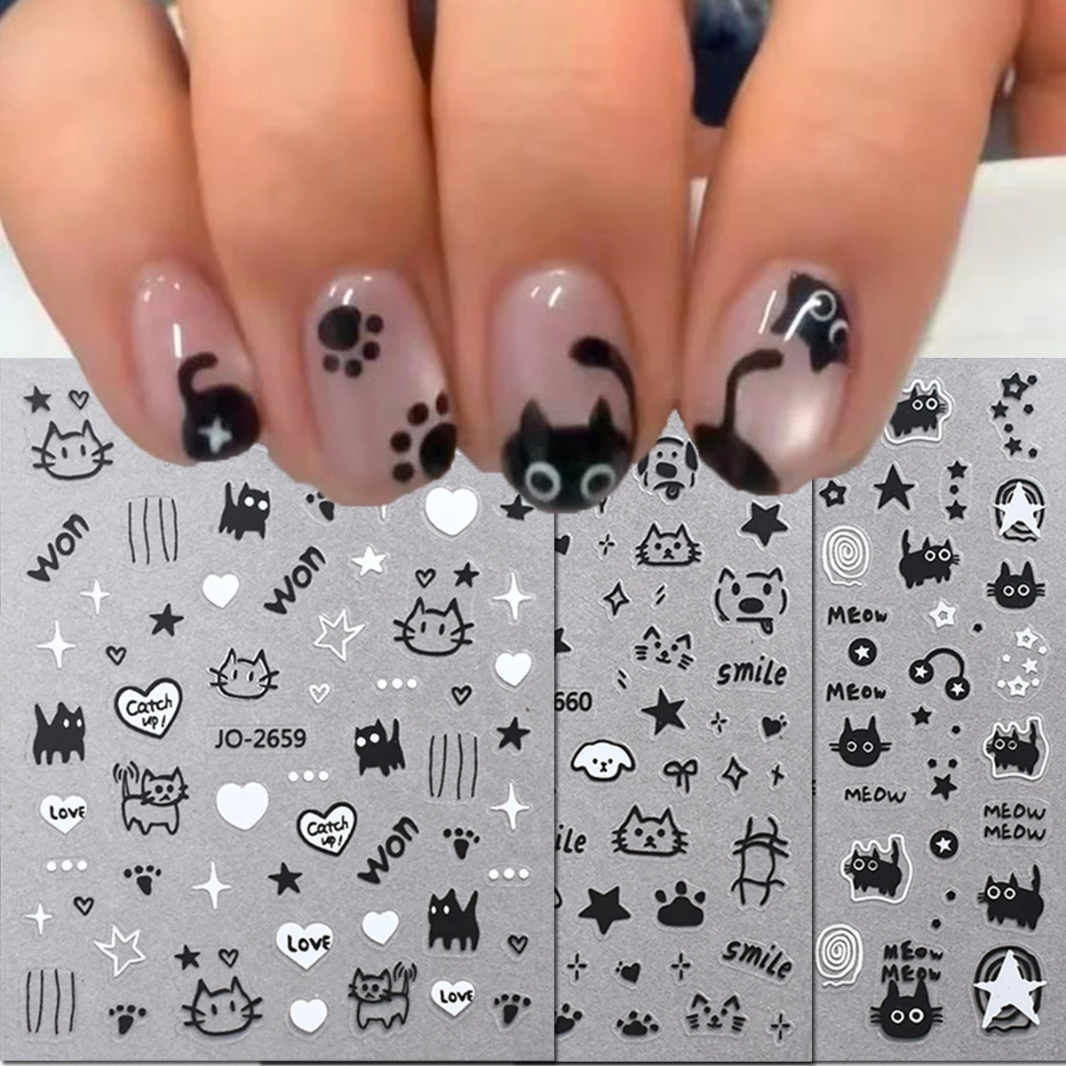 1pcs Cute Black Cats Dogs Footprints Star Love Heart Bows 3d Nail Stickers Nail Decals For Nail Decorations Nail Tips Beauty DIY