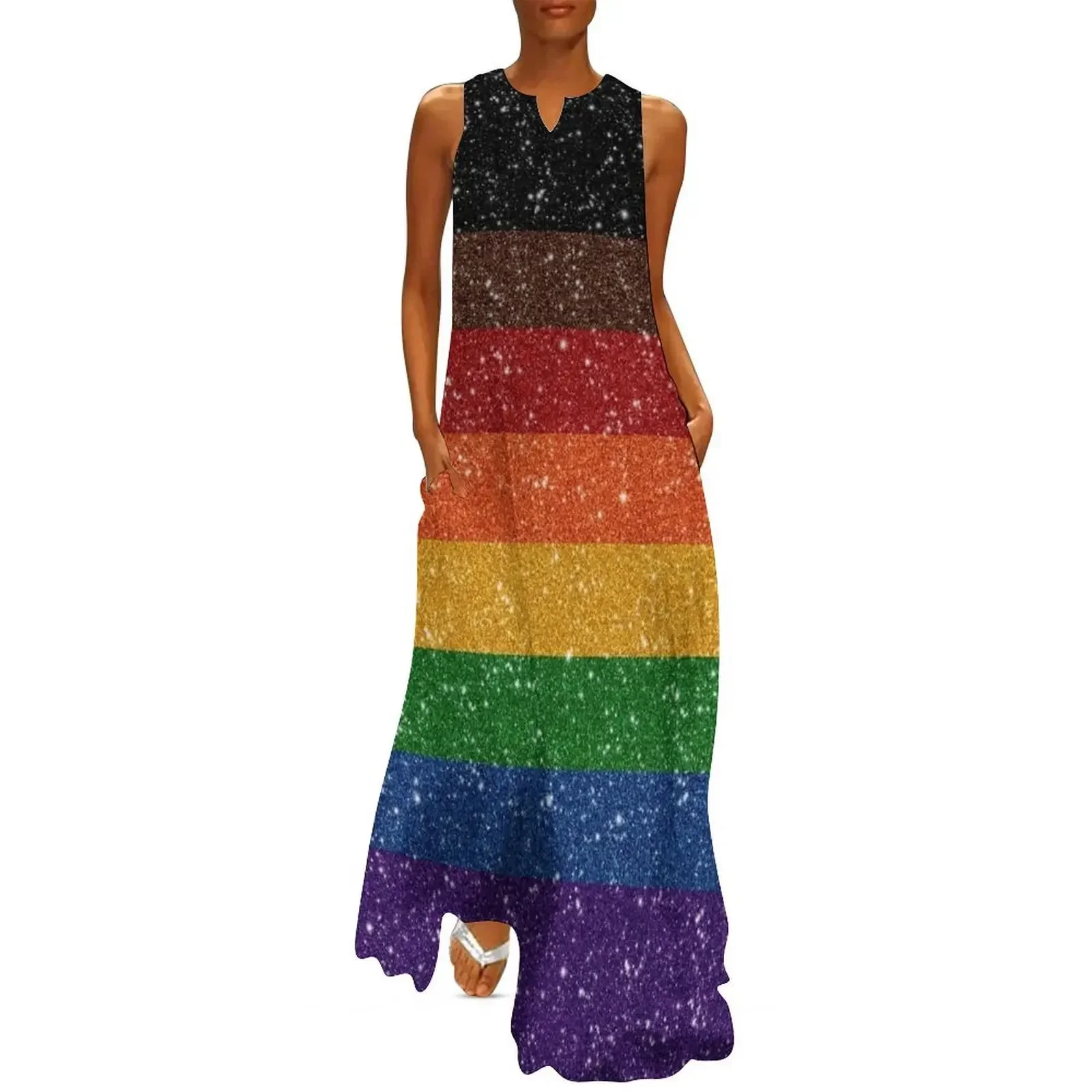 

Faux Glitter Inclusive Rainbow Pride Flag Background Long Dress evening dress women's summer jumpsuit Dress