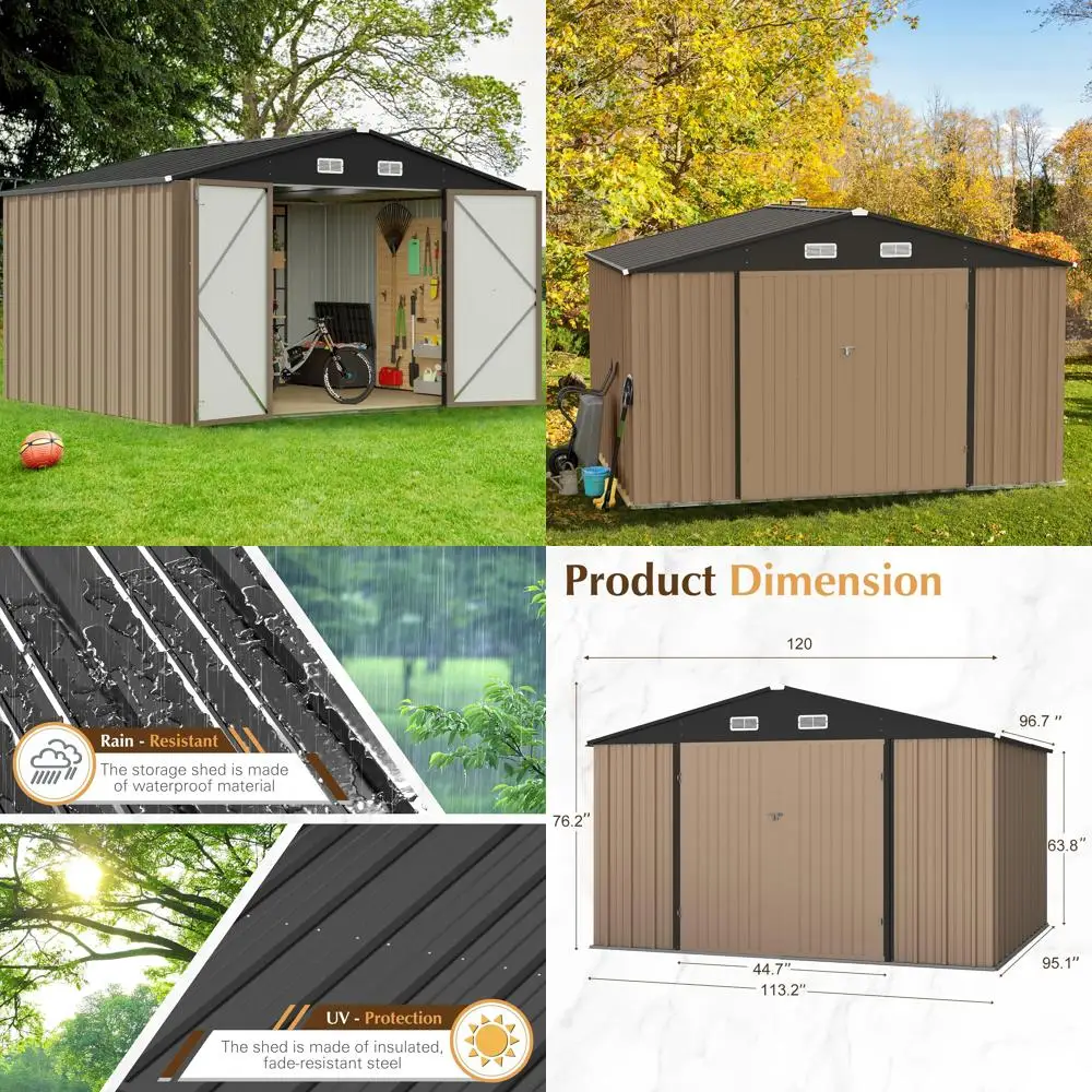

10x8 Foot Outdoor Metal Storage Shed with Lockable Door - Waterproof Garden Shed for Backyard and Patio Tools