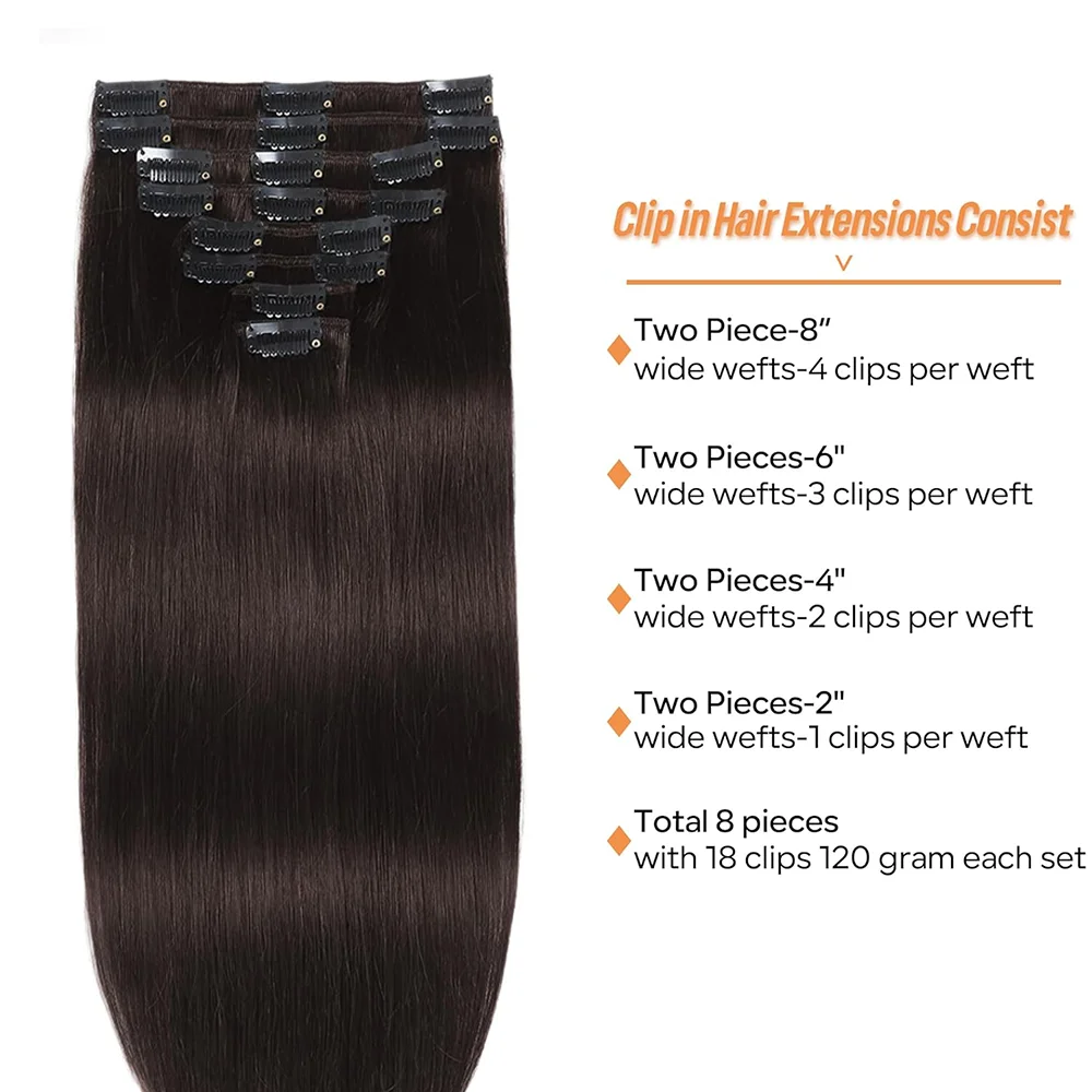 Clip In Hair Extension Human Hair Brazilian Straight 8Pcs/Set 120G 100% Real Human Hair Extensions 16 To 26 Inches #2 Full Head