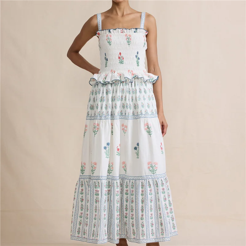 A83F-Vestido bohemio de verano para mujer, vestido con hombros descubiertos Y2k, vestido largo fluido con volantes y volantes, vestido veraniego para playa y vocación