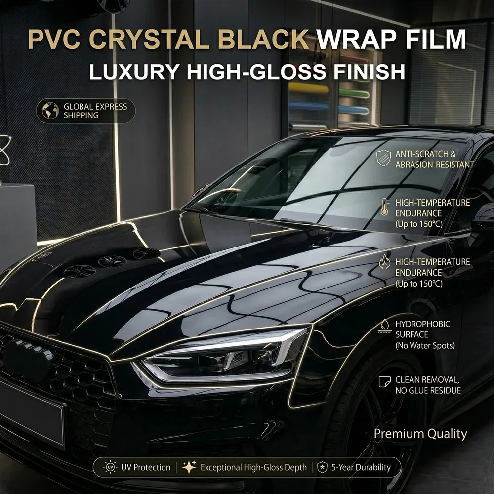 Glänzende schwarze Auto-Vinylfolie mit PET-Liner, blasenfrei, selbstklebend, für Fahrzeug- und Motorradaufkleber, für die gesamte Karosserie, Motorhaube und Dach