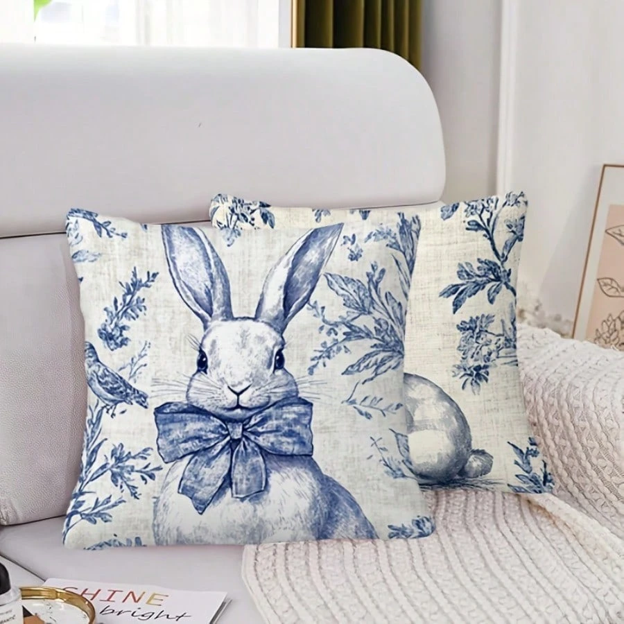 2pcs Easter Blue Bunny Pillow Cover, Polyester 2D Double-Sided Print, Soft Square Cushion Case for Sofa & Bedroom Festival Gift