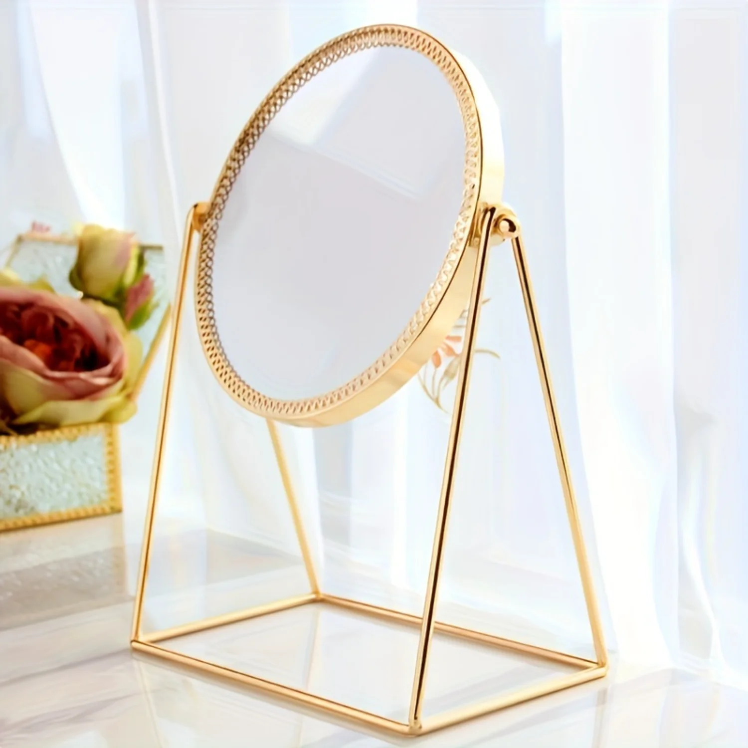 Vintage Metal Vanity Table Mirror - Round Beauty Makeup Mirror for Dresser Vanity Desk - Wrought Iron Cosmetic Mirror