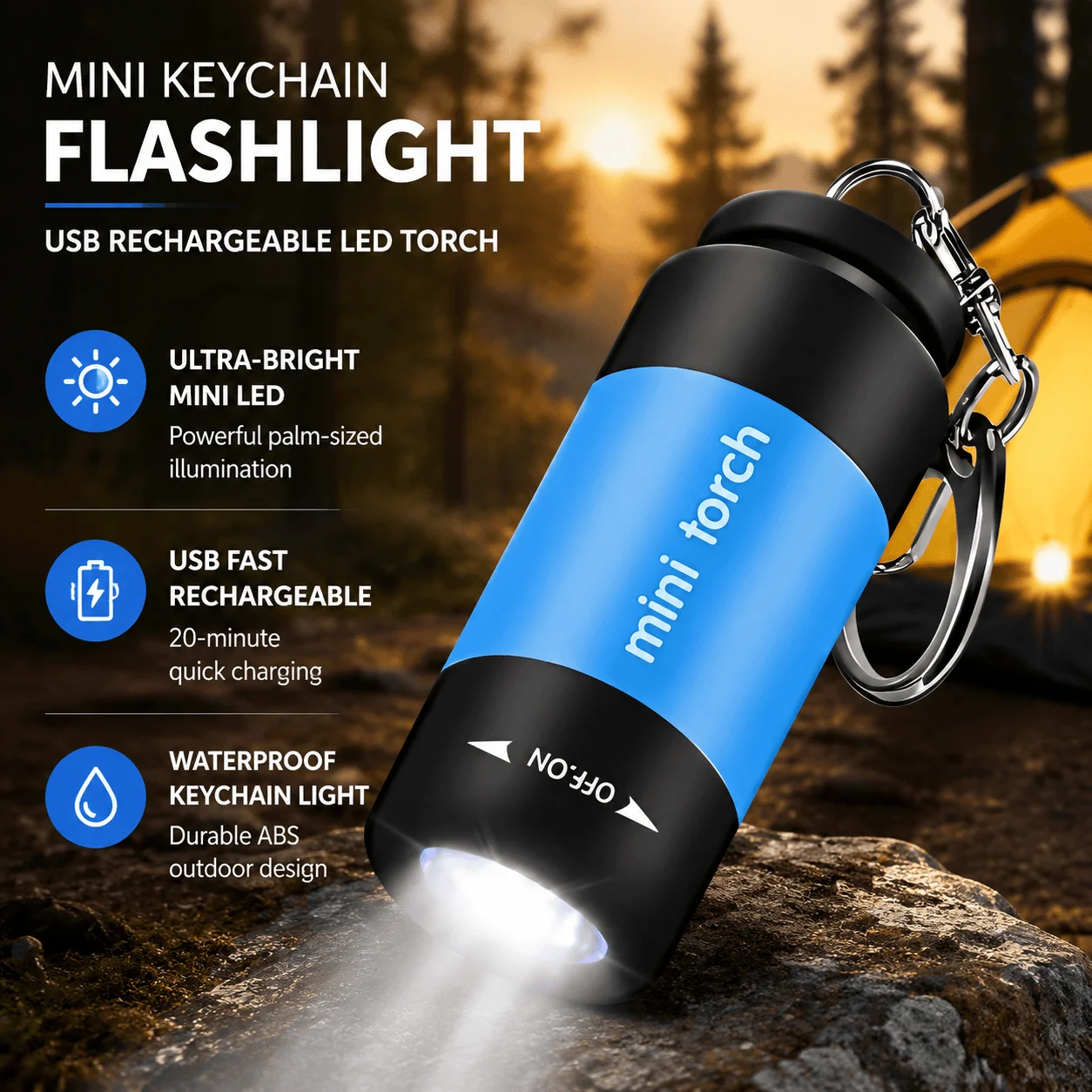 Mini Flashlight Keychain Torch USB Rechargeable LED Pocket Light Waterproof Portable Camping Emergency Light Ultra Bright Outdoor Lamp Fast Charging Carabiner Night Hiking EDC Tool Brightness Adjustable Beam Focus Small Torch Home Power Outage