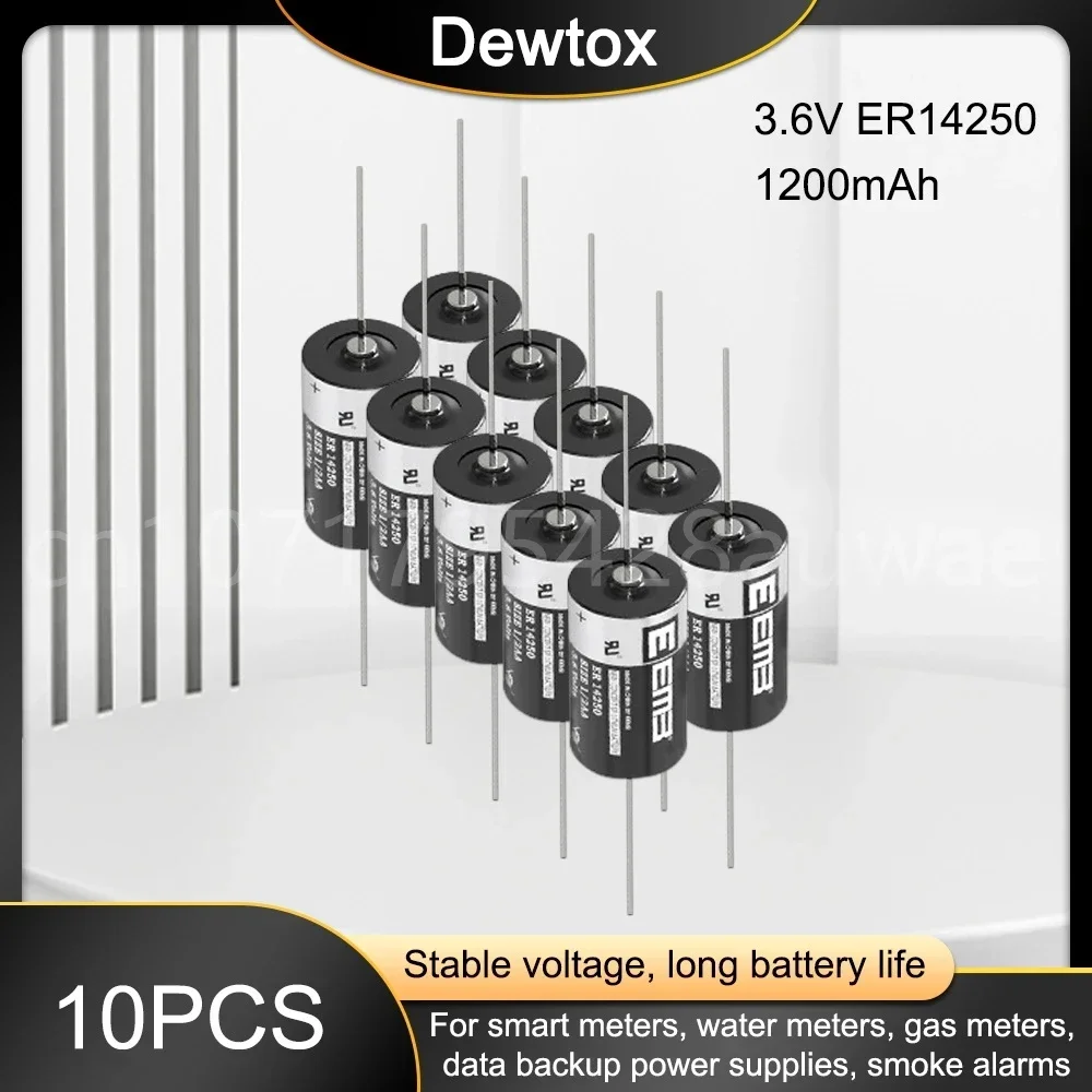 10PCS ER14250 3.6V 1/2 AA Battery with AX Pin Lithium Battery 14250 1200mAh Batteries for Water/Gas Meter Alarm Window Sensor