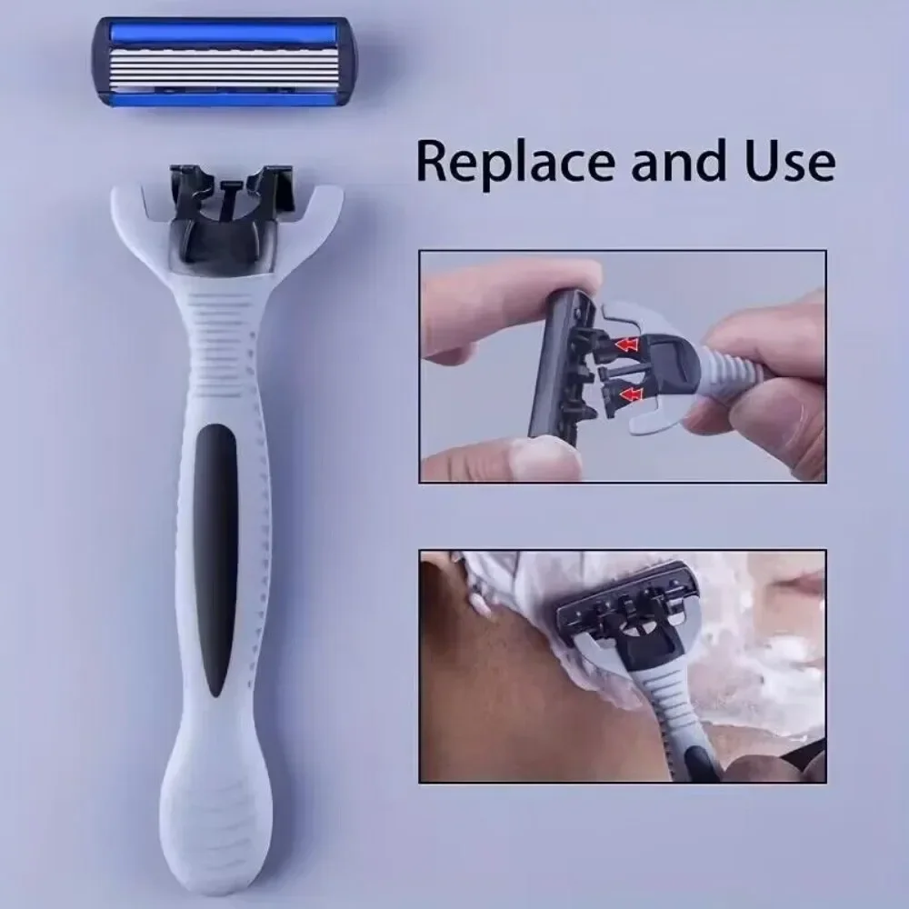 Men's Safety Razor Manual Stainless Steel 6-Layer Blade Hair Removal Tool Replaceable Razor Head Grooming Kit