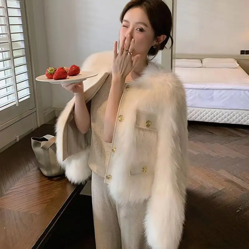 Mode namaakbont jas dames herfst winter warme dikke o-hals knop effen uitloper mode high street imitatie vossenbont dame jas