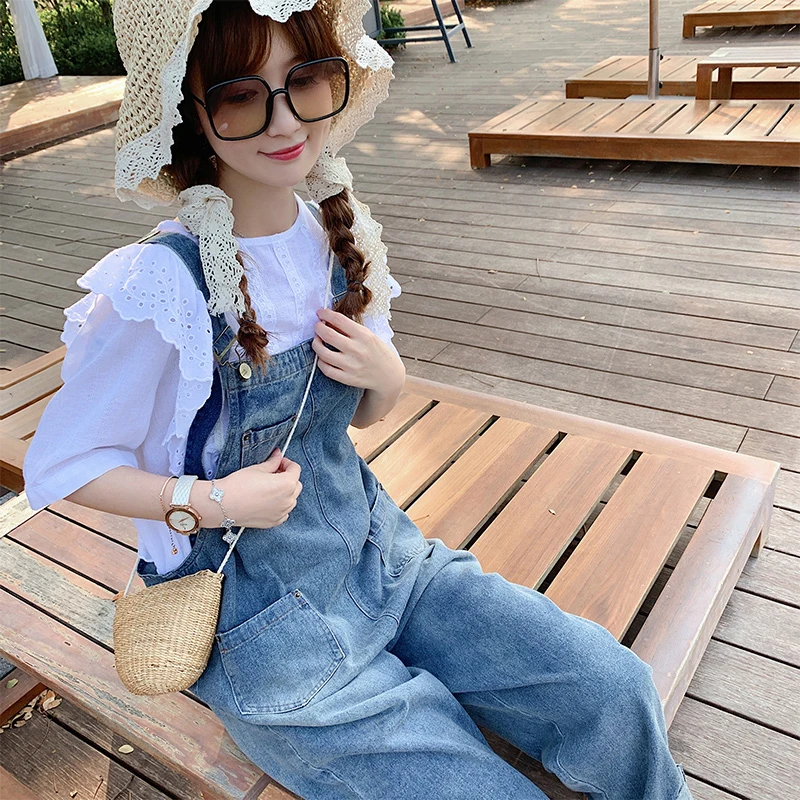 Damskie ogrodniczki dżinsowe vintage o luźnym kroju, na wiosnę i lato, modne, z wysokim stanem, metalowe, w kolorze błękitnym, postarzane, jasnoniebieskie, dziewięcioczęściowe.