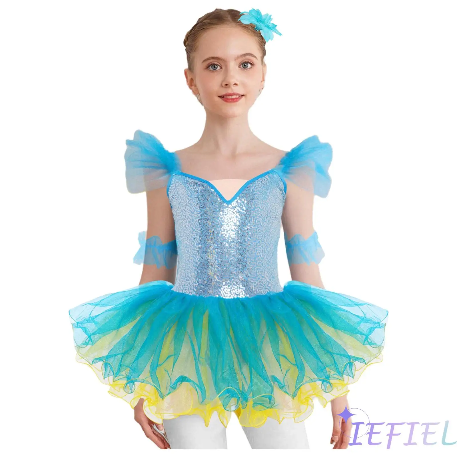 

Girls Ballet Dance Stage Performance Costume Ruffled Sleeves Adjustable Straps Sequins Bodice Layered Tutu Dress Headwear Cuffs