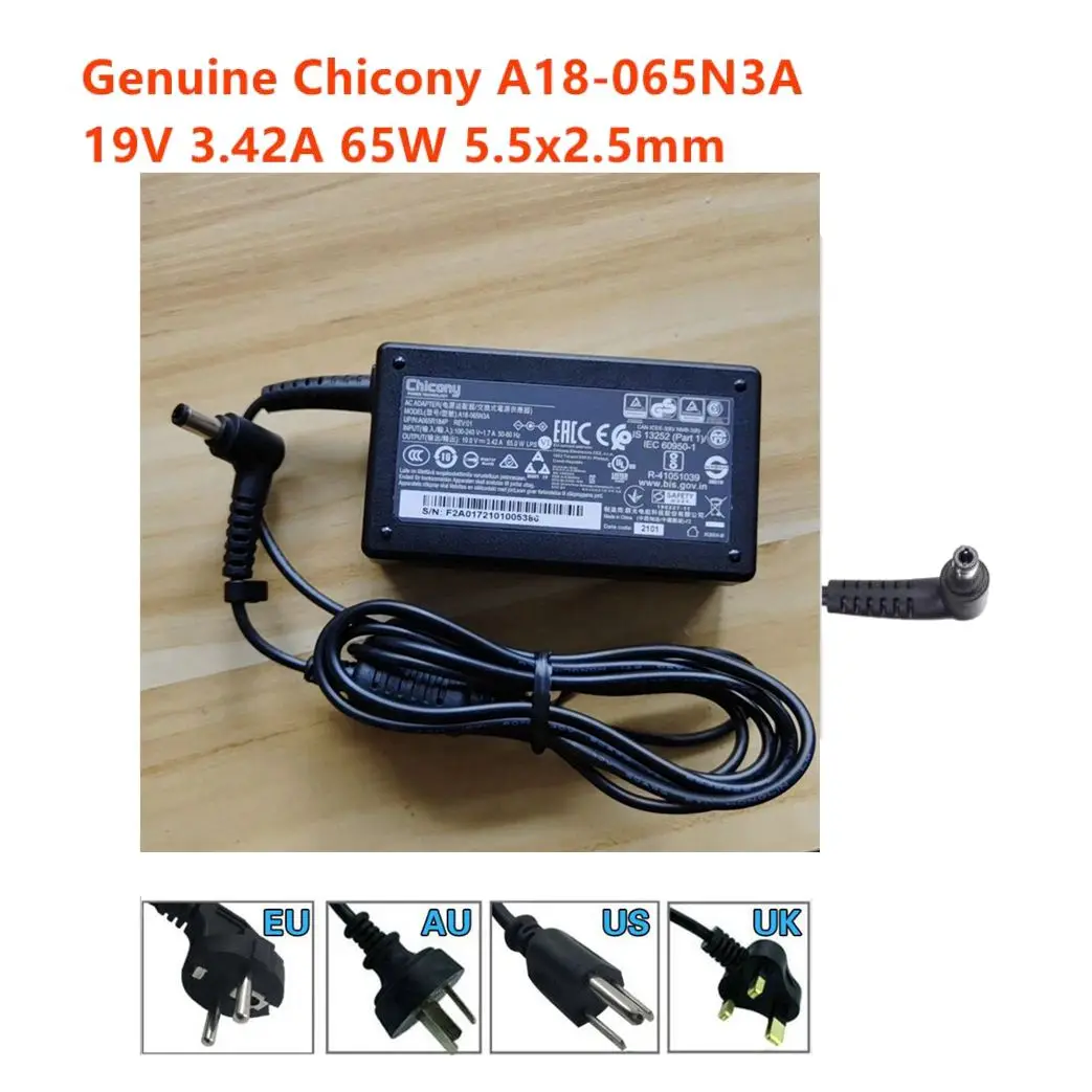 Genuine Chicony 19V 3.42A 65W Laptop AC DC Adapter Charger A18-065N3A A065R184P A065R216P For Notebook Power Supply DC 5.5x2.5mm