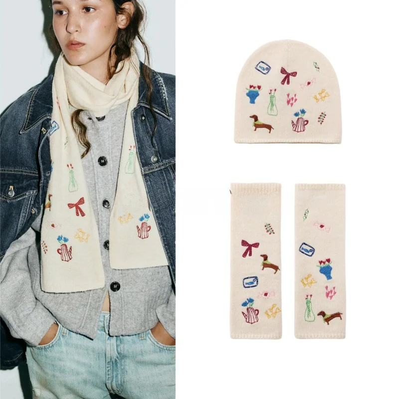 刺繍入りニットスカーフ手袋帽子3点セットオープントゥ手袋ニット帽子スカーフおしゃれアクセサリーコンボ