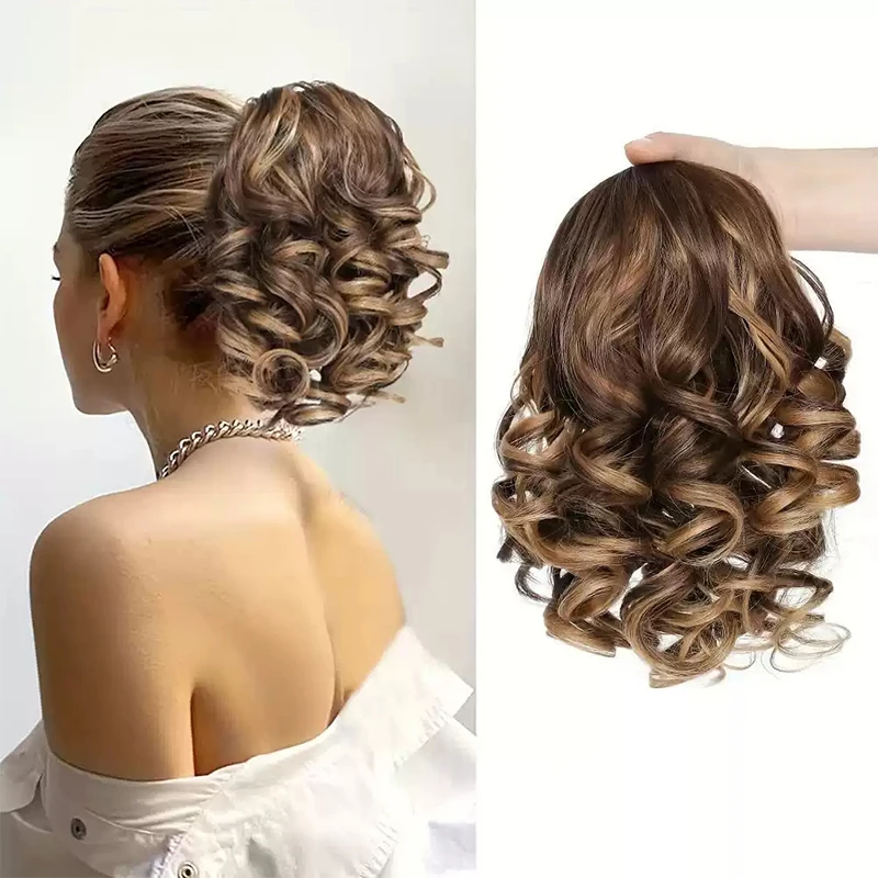 

Grab and pinch short roll synthetic fiber ponytail wig, Roman roll fluffy and fashionable ponytail