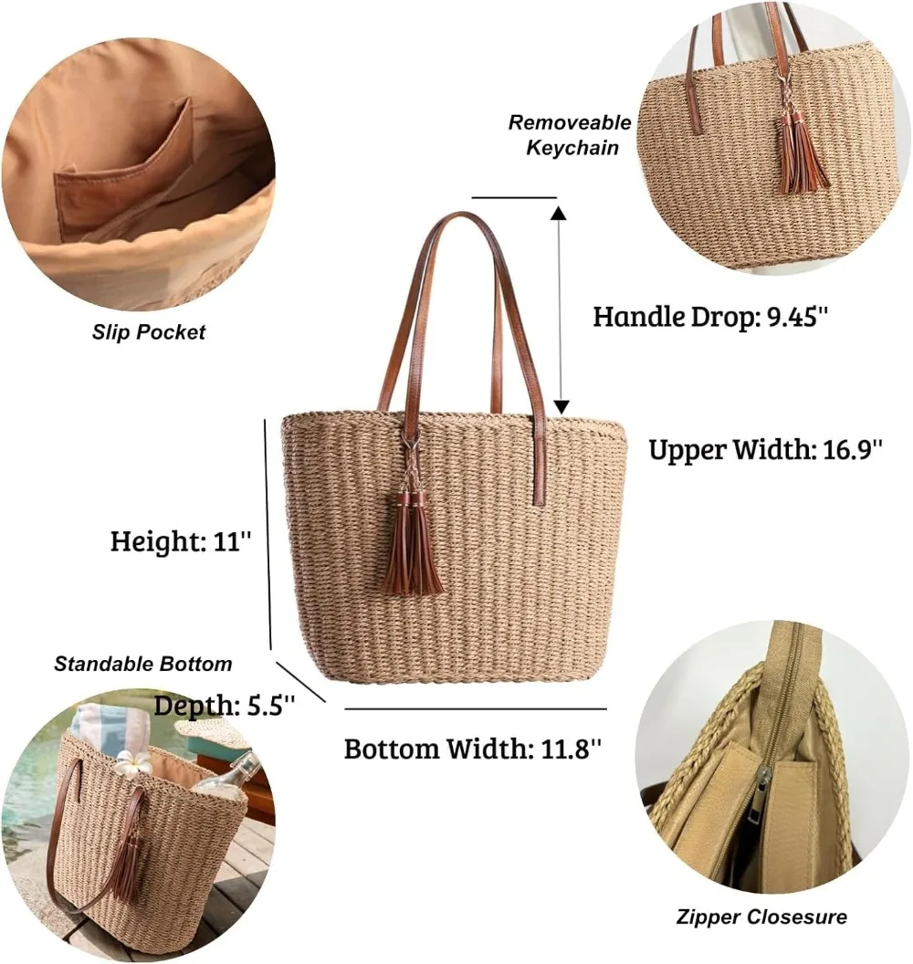 M Size Travel Straw Tote Bag Woven Summer Handmade Shoulder Handbag view 5