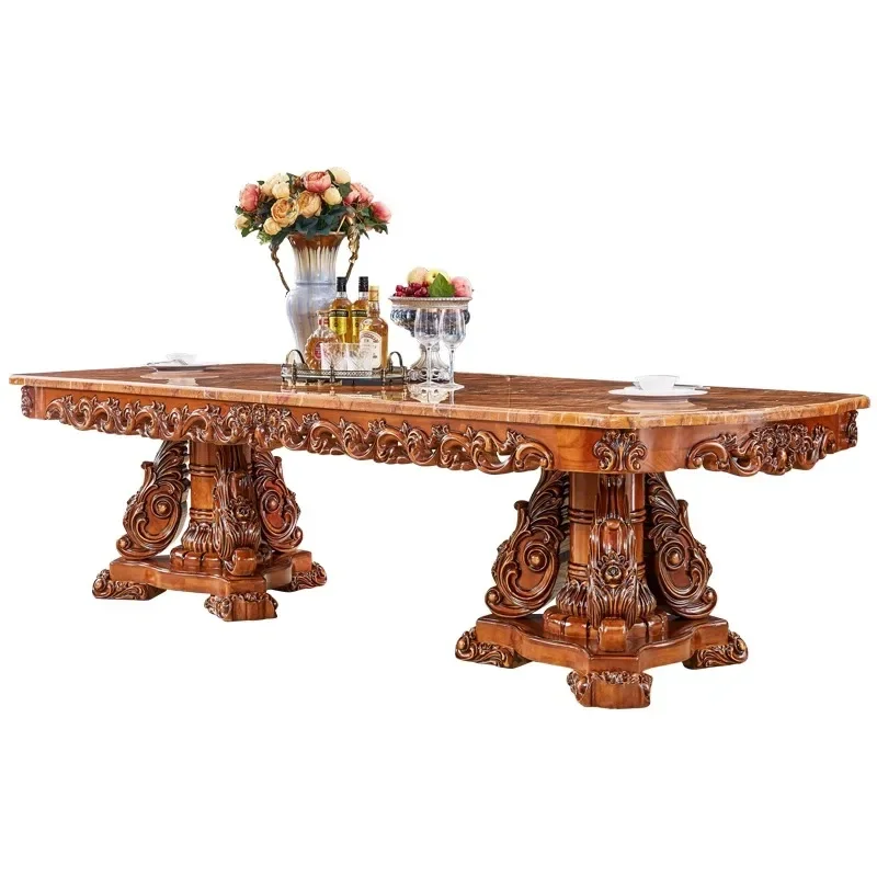 European marble dining table full solid wood carving flower retractable square table villa hotel club home super long western ta