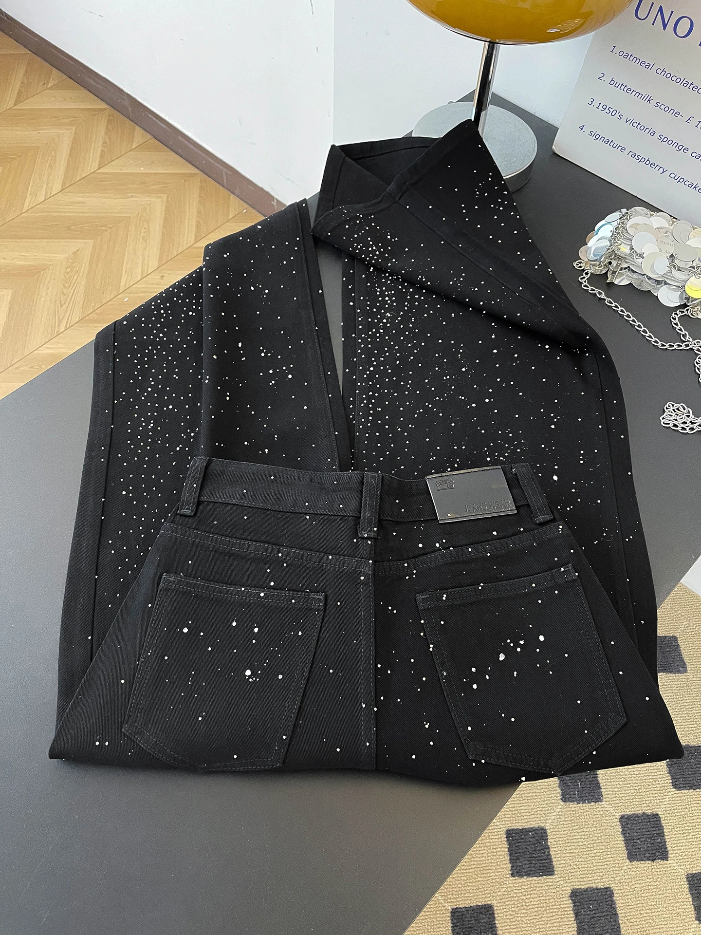 Calça jeans feminina de cintura alta com estrela brilhante, corte solto, comprimento até o chão, calça jeans preta, temporada...
