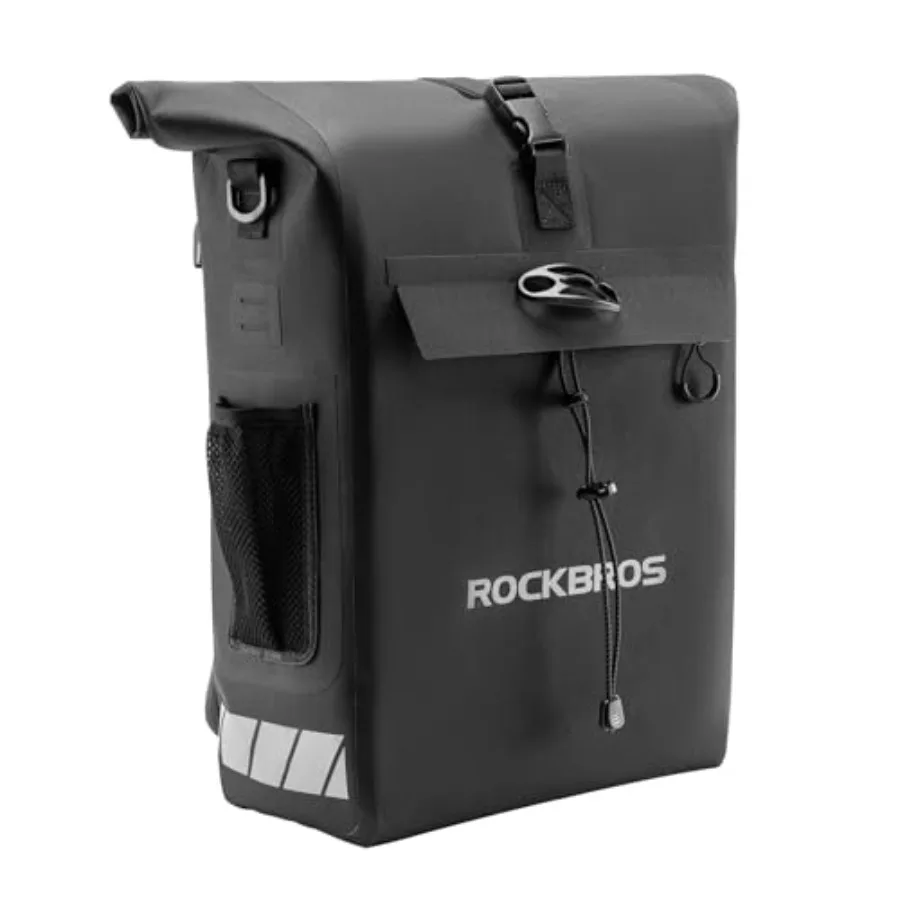 

Cycling travel panniers, 18L waterproof polyester, black, detachable shoulder straps helmet buckle for rear bike rack