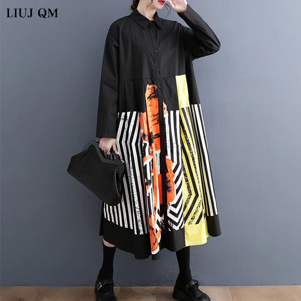 Large Size Long Sleeve Patchwork Vintage Print Stripe Dresses Women Loose Casual Shirt  Dress Elegant Clothing Spring Autumn