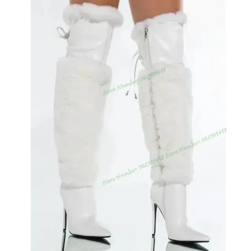 

White Fleece Fur Decor Knee High Boots Side Zipper Pointed Toe Shoes for Women Thin High Heels Shoes 2023 Zapatos Para Mujere