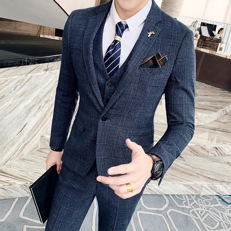 Men\'s High-quality Large Suit 6XL/7XL 3-piece Suit (suit+vest+pants) Business Fashion Check Suit Groom Wedding Banquet Suit