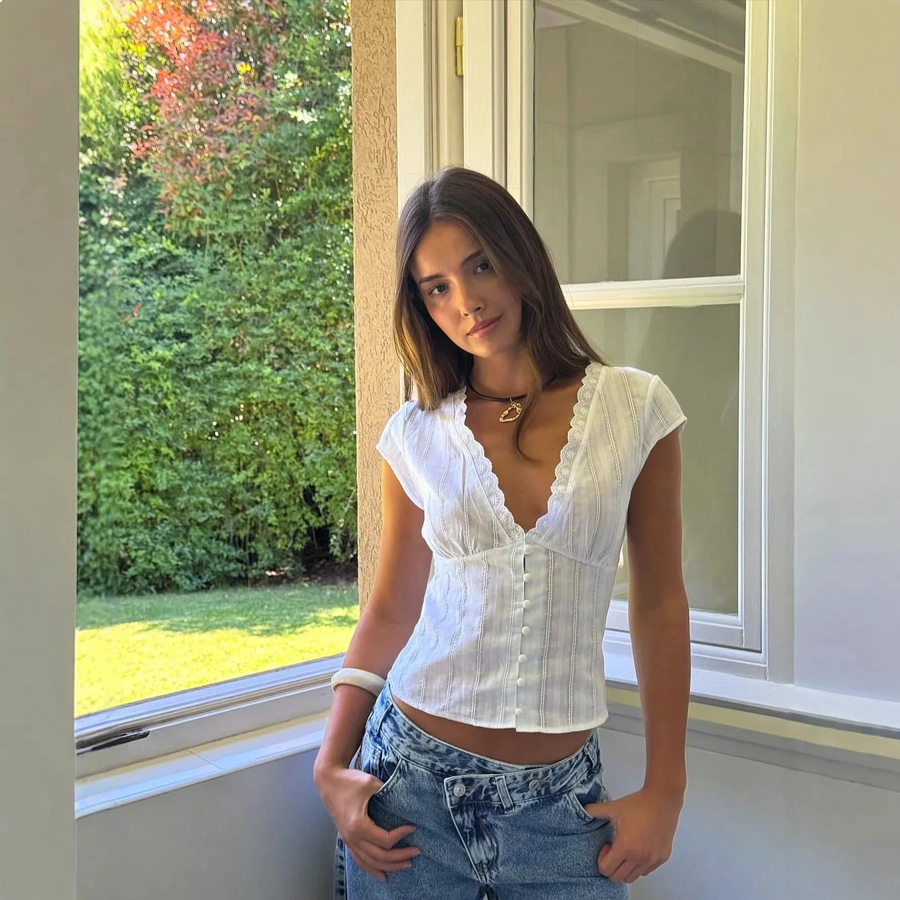 White V-Neck Lace Embroidered Short Top, Blouse Tee Crop Tops for Women Spring Summer