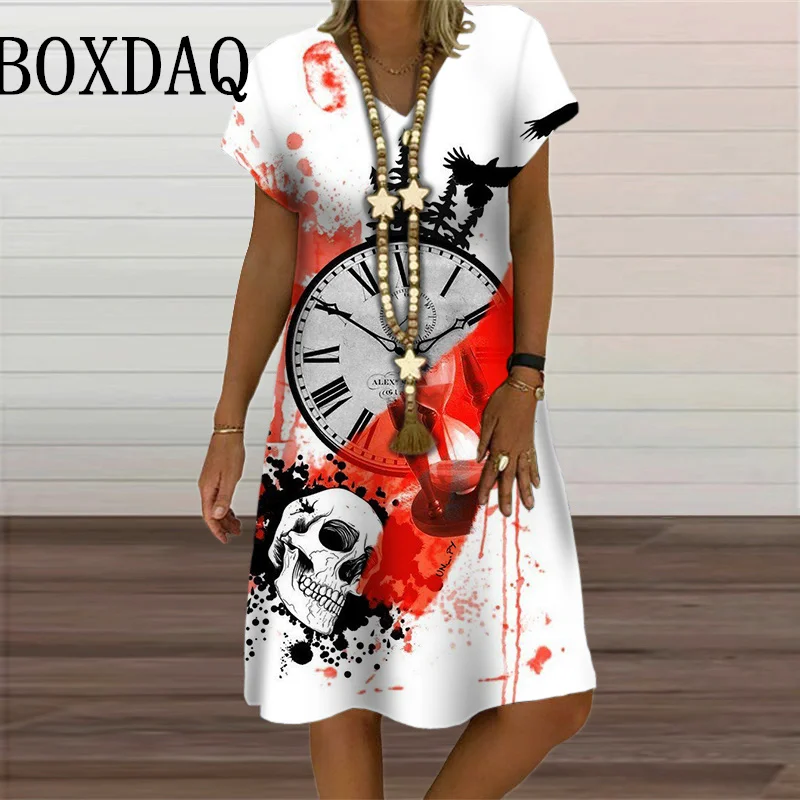 Summer 3D Flower Print Dress For Women Terror Skull Oversize Casual Loose V-Neck Short Sleeve Dress Street Fashion Party Clothes