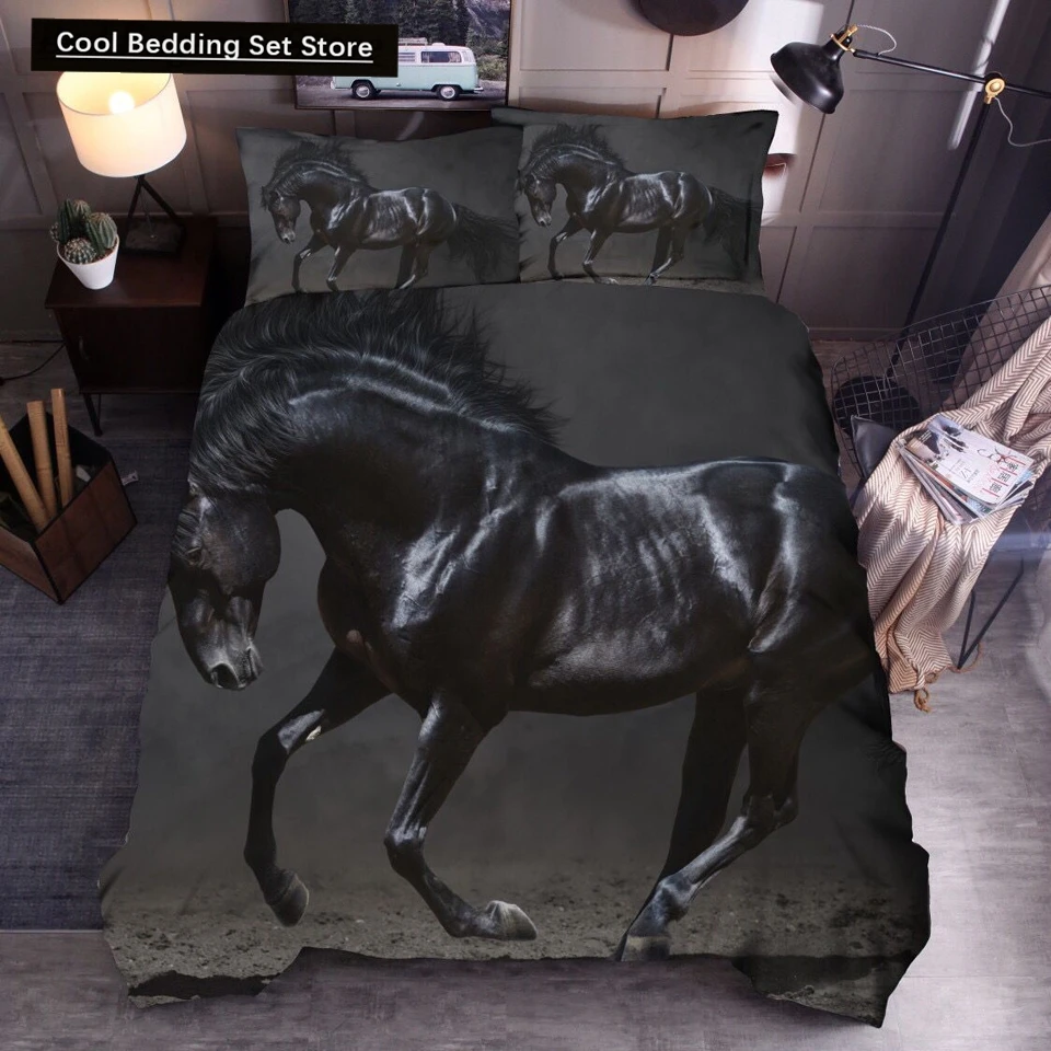 3D Horse Printing Duvet Cover Animal Bedding Set Twin Full Double Queen King Size for Kids Men Black Soft Quilt Cover Pillowcase