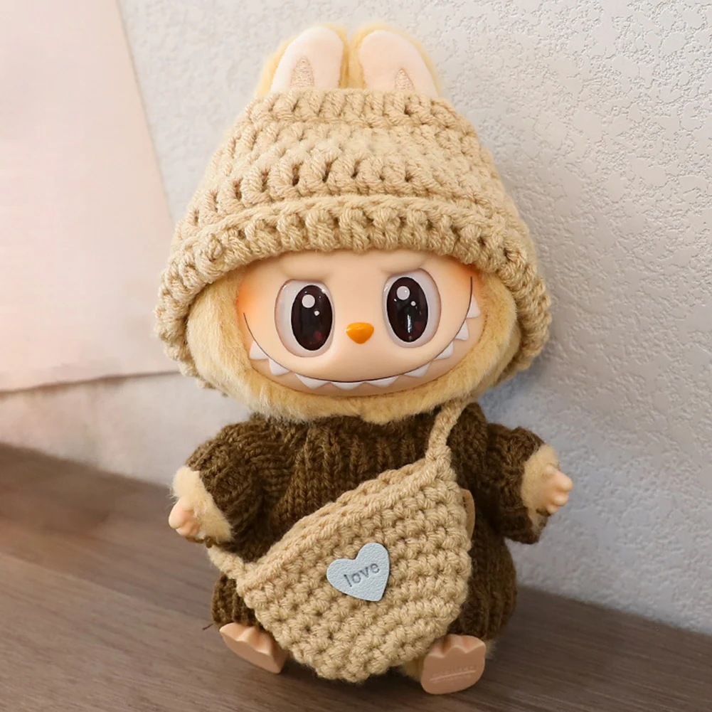 Dla Labubu Vinyl Doll Clothes Mini Kawaii Knitted Sweater with Hat Decorative Cute Plushes Doll Outfit Akcesoria (bez lalki)