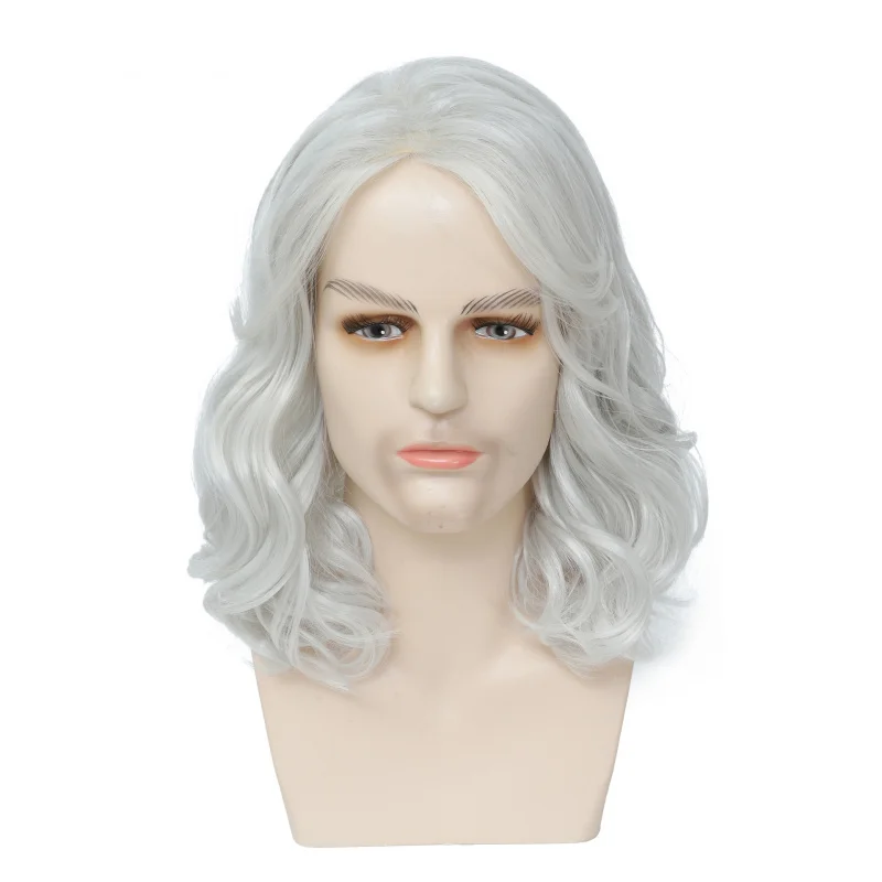 Men's , medium-length wavy synthetic hairpiece, middle-parted silver wig