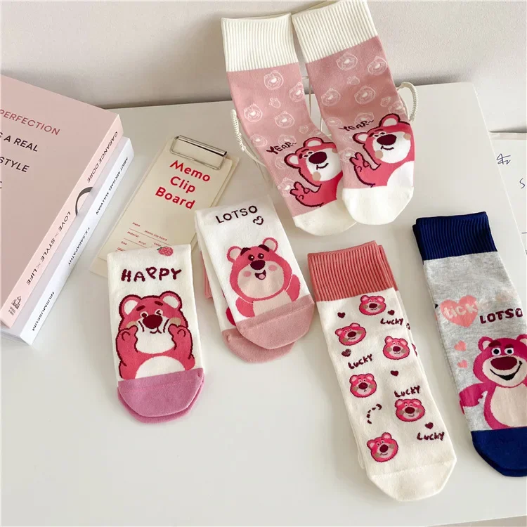 Socks For Women 5 Pairs Of Cute Pink Strawberry Bear INS Versatile Kawaii Campus Sports Socks Women's Medium Tube Socks