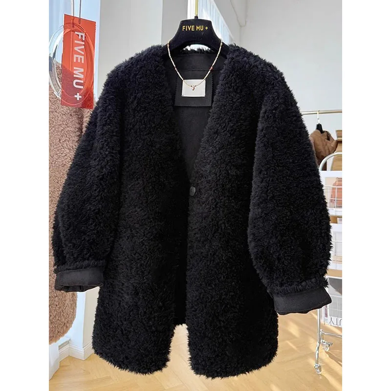 Thicken Warmful Black V-neck Fuzzy Jacket Women Woolen Autumn Winter Lamb Outerwears Casual Loose Long Coat