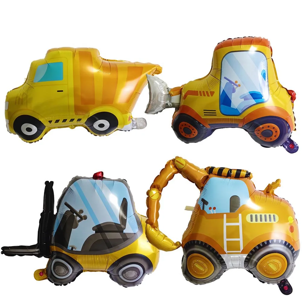 4pcs Cartoon Engineering Vehicle Balloon Bulldozer Excavator Forklift Dump Truck Construction Theme Birthday Party Decor