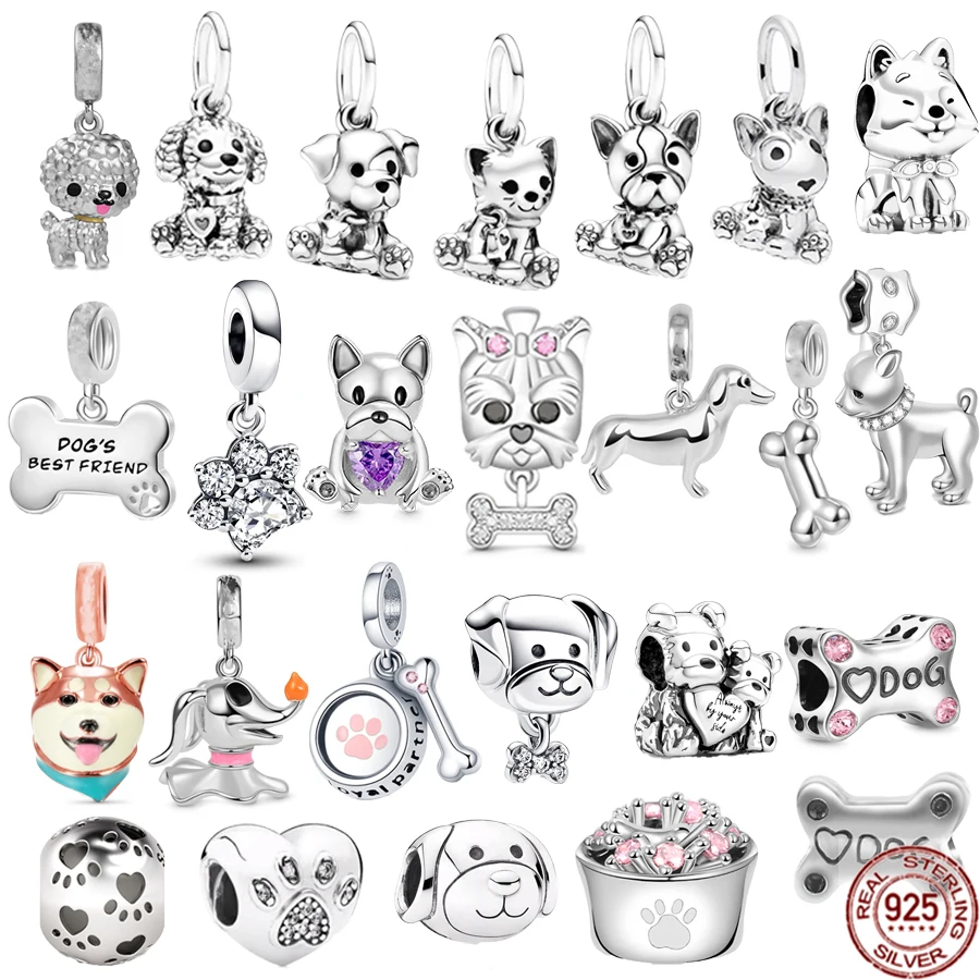 925 Sterling Silver Dangle Charm Beads, se Encaixa Original Pandora Pulseira, DIY Jóias, Presente, Labrador, Bulldog, Bichon, Cachorro, Cachorro, Hot Sale