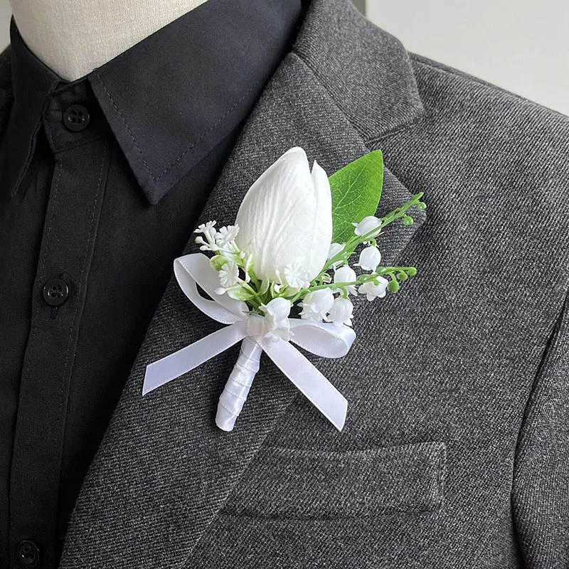 Broche de Bal de Fleurs Boutonnière pour Homme, Corsage, Accessoires de Mariage, Tulipe Artificielle en PU, Toucher Réel, Boutonnière, Broche Trempée