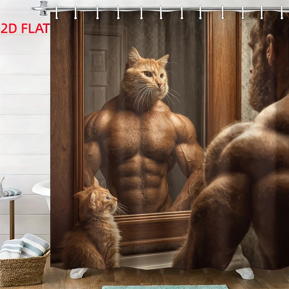 2D Flat, 1pc Muscle Bodybuilder Animal Cat Shower Curtain with Plastic Hooks. Suitable for Window Decoration in Rooms, Homes, an
