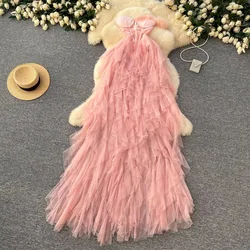 Sexy See Through Mesh Ruffle Strapless Sleeveless Chic Fashion Slim Ball Gown Long Dresses French Evening High Street Clothing