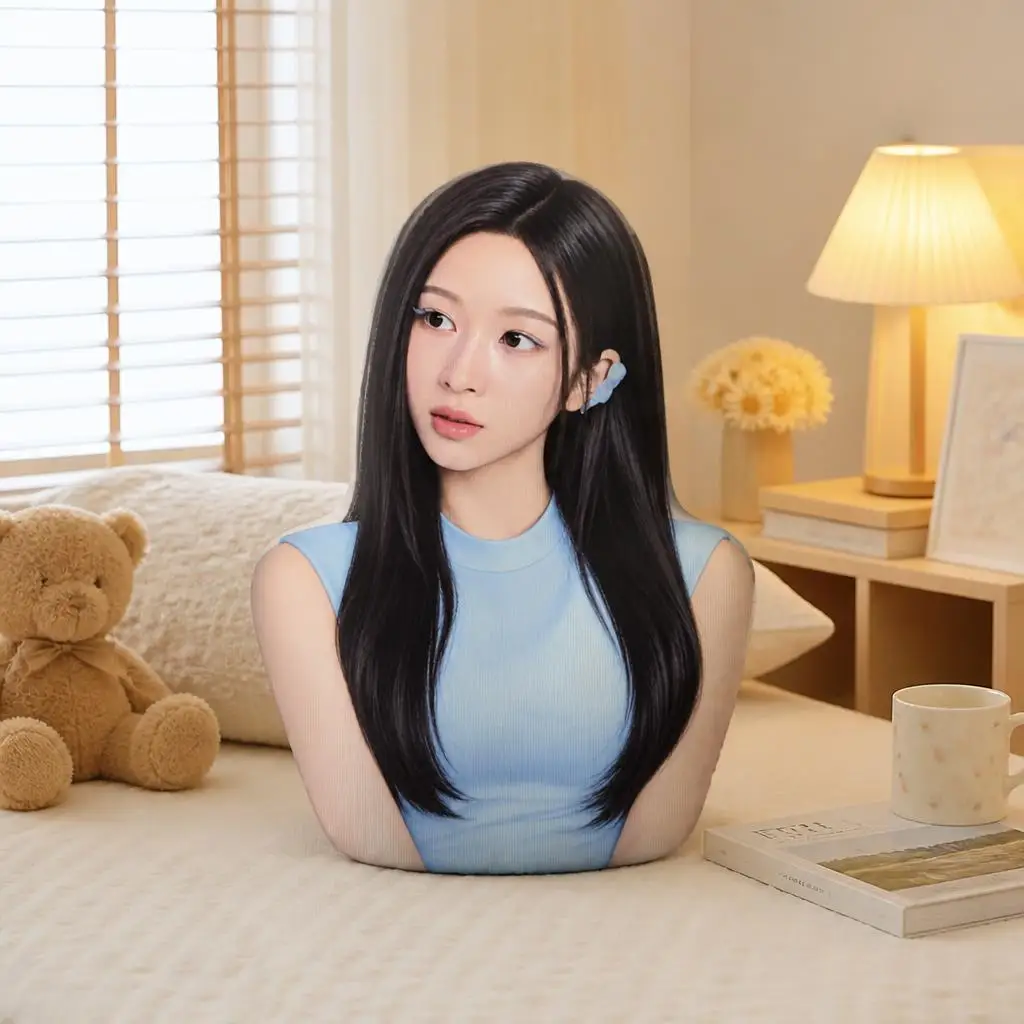 YOUNG A2O LITE Portrait Shaped Stuffed Pillow Cushion Throw Pillow for Sofa Bedroom Home Decor Gift for Fans Long Hair Blue