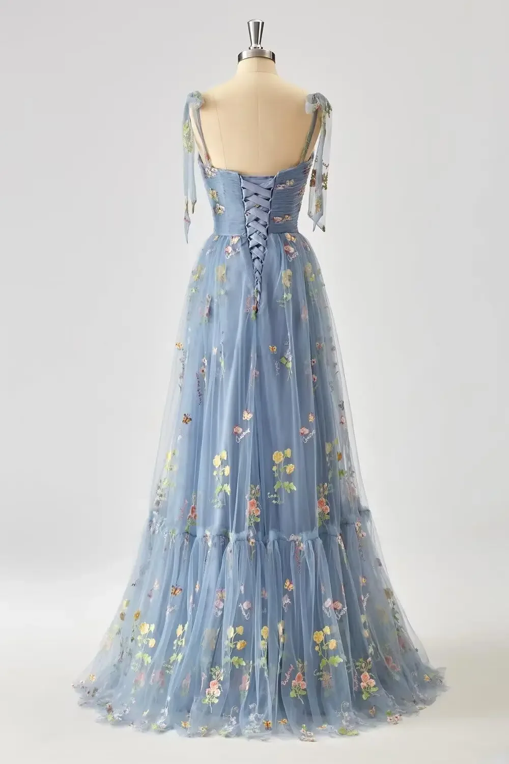 Tulle Flower Embroidery Prom Dresses Long Corset A Line Ball Gown Spaghetti Straps Formal Evening Dress Floral Lace Wedding Gown