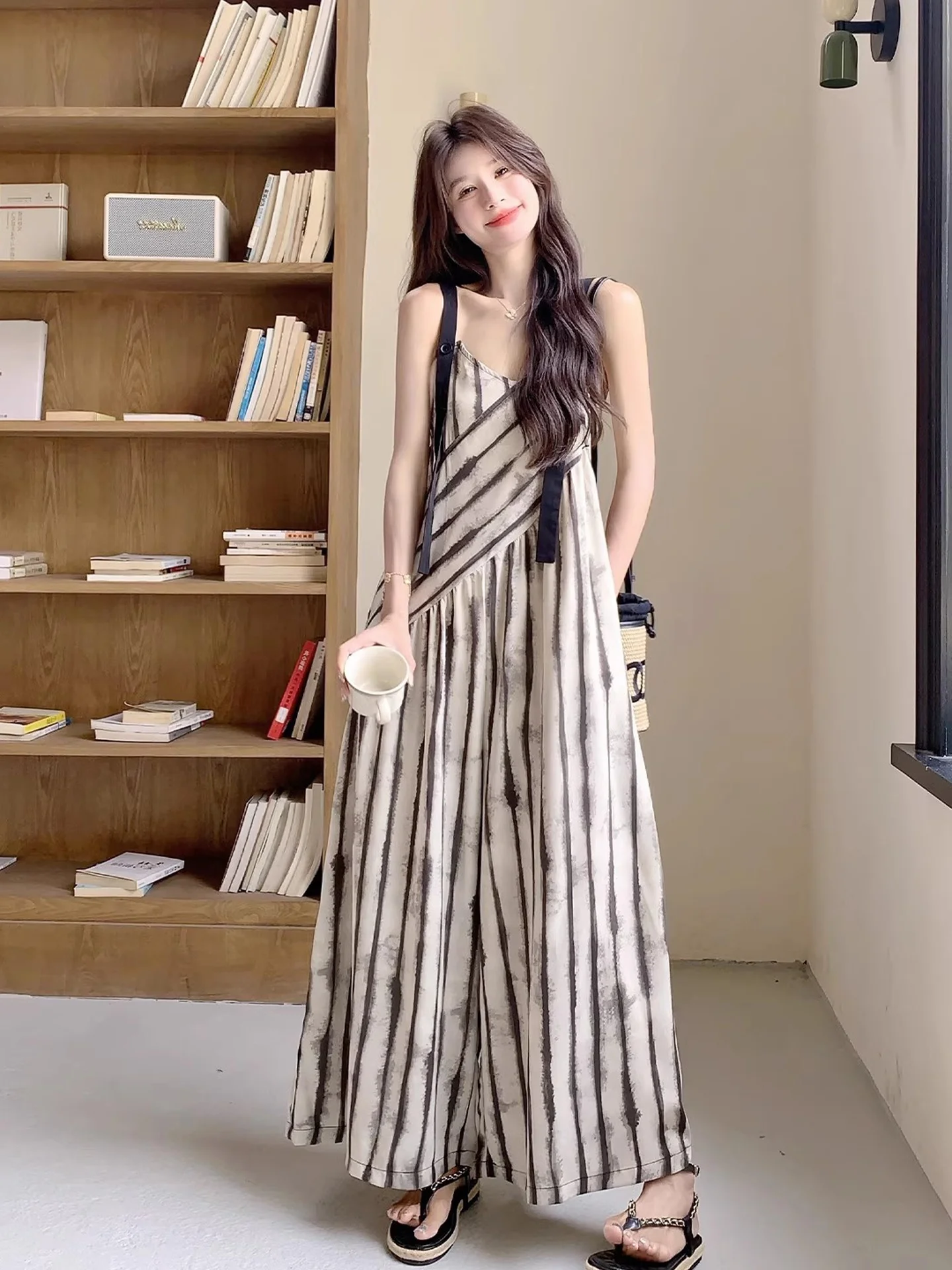 Korean Sle Casual Lazy Striped V-Ne Women's Overall Pants Loose Feel Wide Leg Pants High Waist Long Pants Polyester Fiber