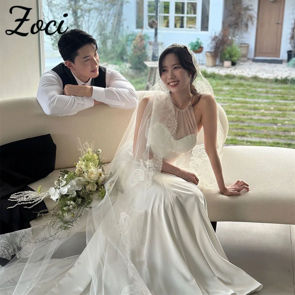 

Zoci Simple Sweetheart Wedding Dresses Korea Photo Shoot Customized A Line Sleeveless Evening Dresses Corset Floor Bridal Gown